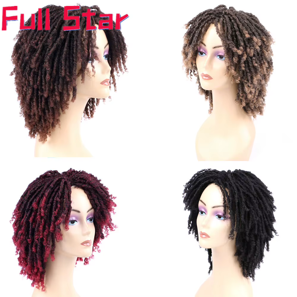 Full Star 14 "perruque bouclée Dreadlock pour femme noire Ombre bordeaux couleur marron court bouclé Soul Locs tresses perruques fête usage quotidien