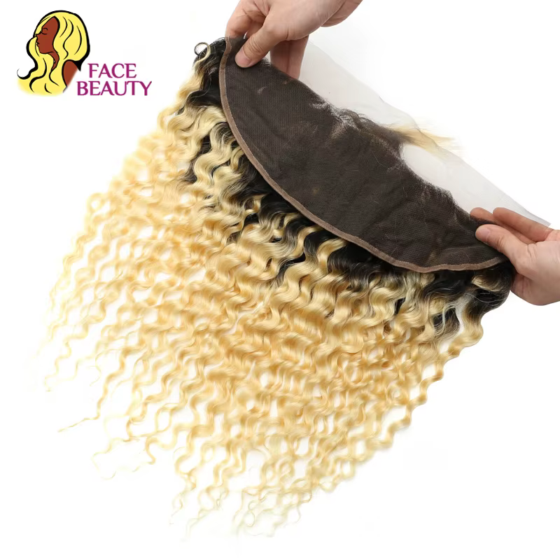 Facebeauty 1B 613 Remy Brazilian Curly Frontal Honey Blonde Ombre Cheveux Humains 13*4 Pré-Plucké de l'oreille