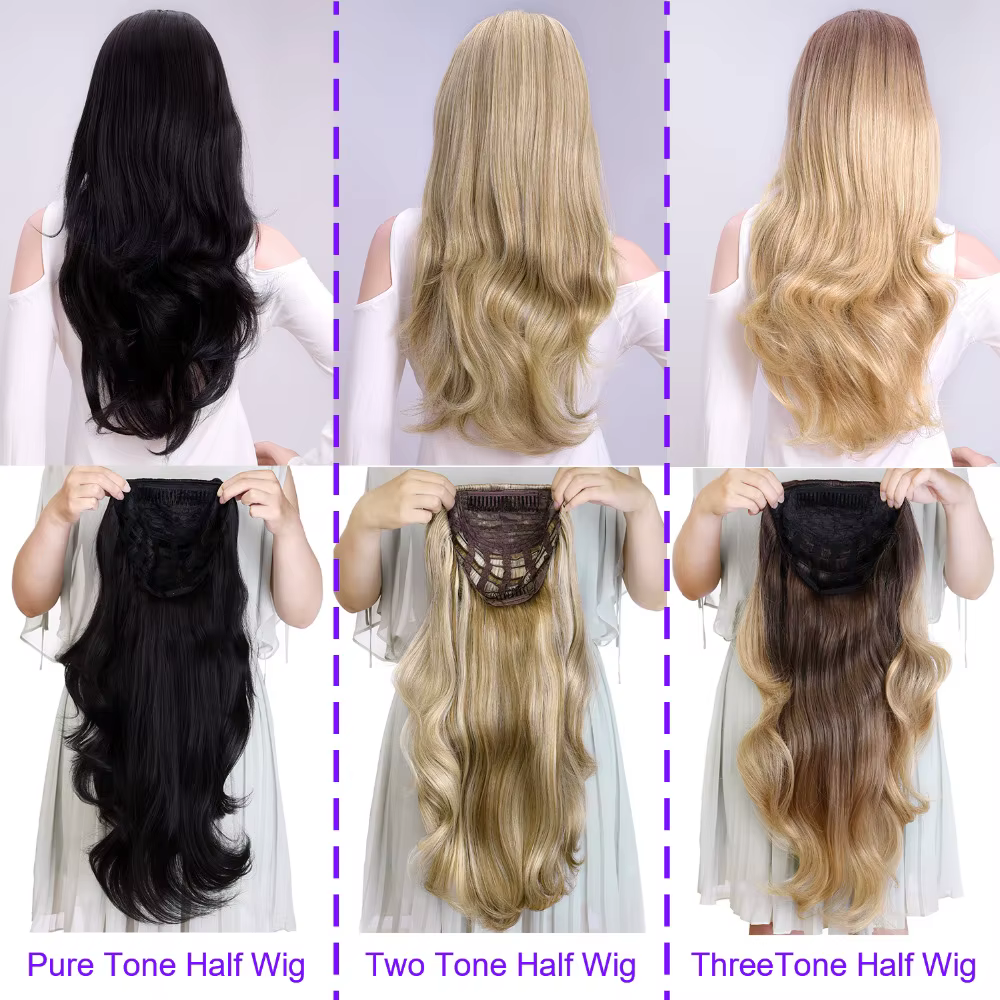 DinDong Demi Perruque Synthétique Ondulée pour Femmes, Extension à Clipser dans Cheveux, Peigne, sur Tête en Maille, 3/4, 24 Pouces, 60 cm