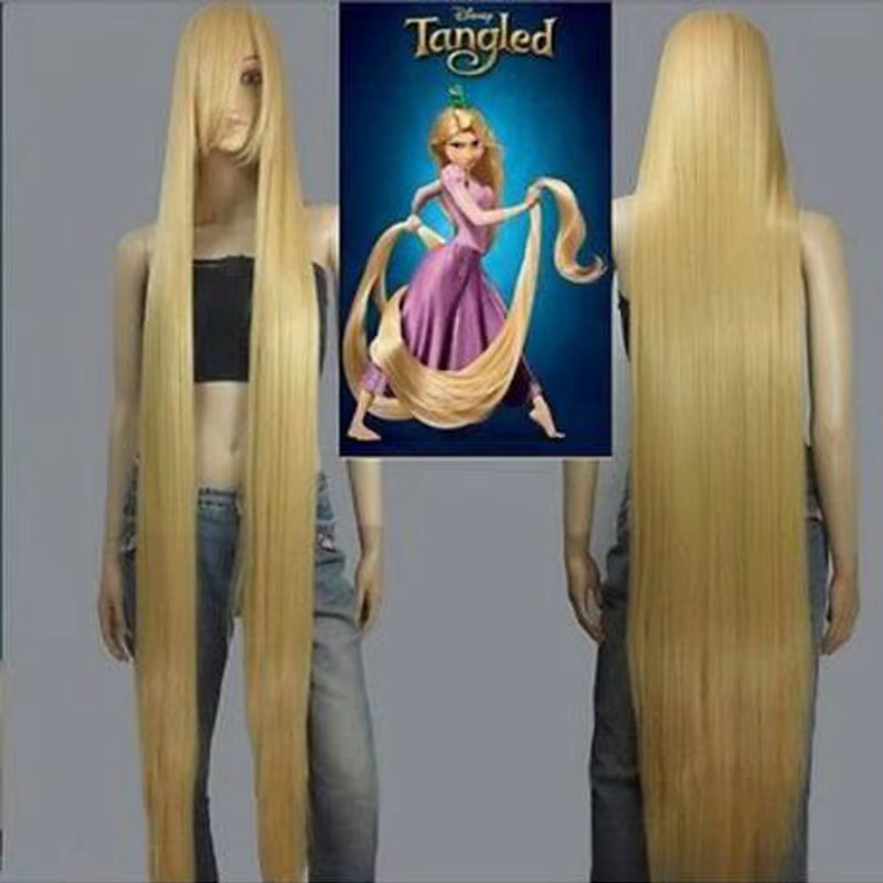 Film Raiponce 150 cm doré droit longs cheveux synthétiques Cosplay perruques + bonnet de perruque