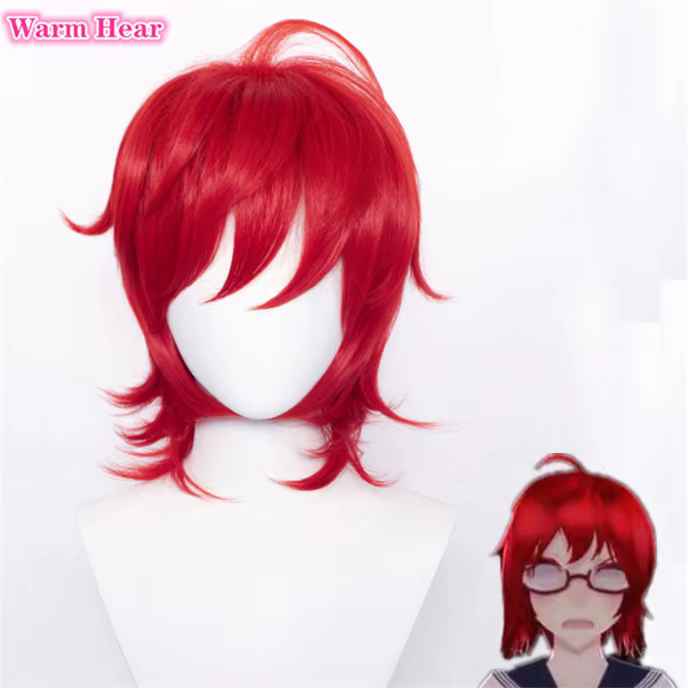 Perruque cosplay rouge courte avec lunettes, info-chan, YPanama e Info Chan, perruques de cosplay de cheveux à degré de chaleur + un bonnet ultraviolet