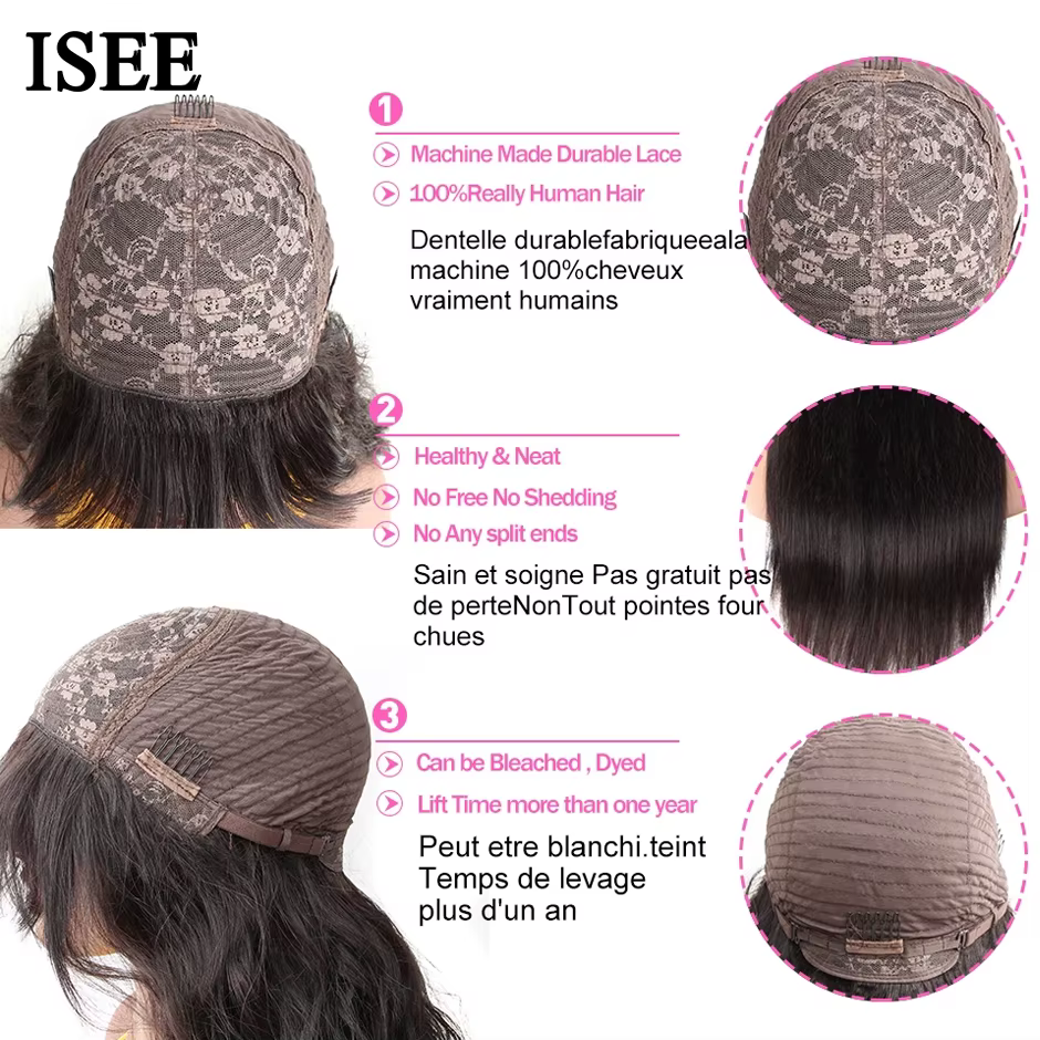 ISEE HAIR-Perruque Bob courte cousue avec frange pour femme