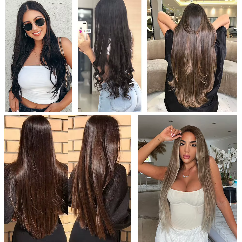 MERISIHAIR 32 pouces Extensions de cheveux synthétiques une pièce 5 Clips longue droite haute température fibre noir brun postiche