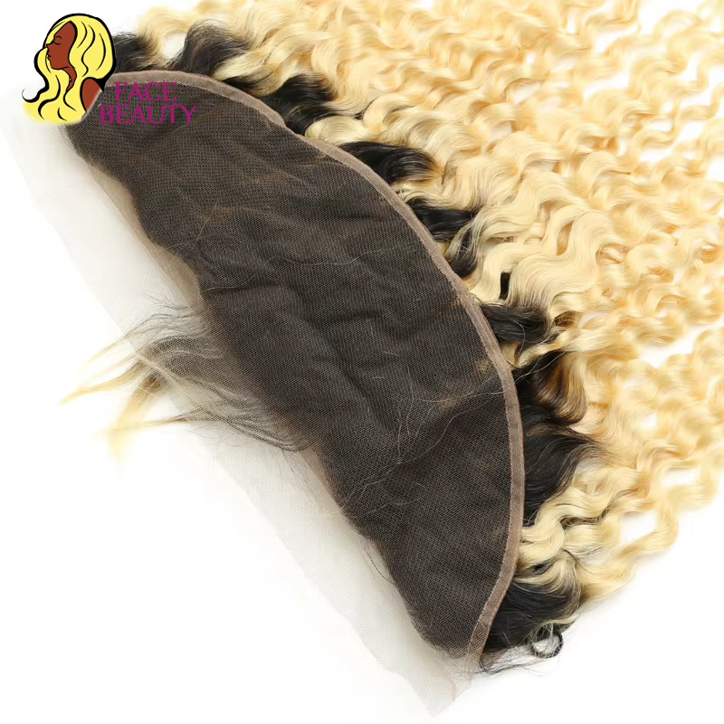 Facebeauty 1B 613 Remy Brazilian Curly Frontal Honey Blonde Ombre Cheveux Humains 13*4 Pré-Plucké de l'oreille