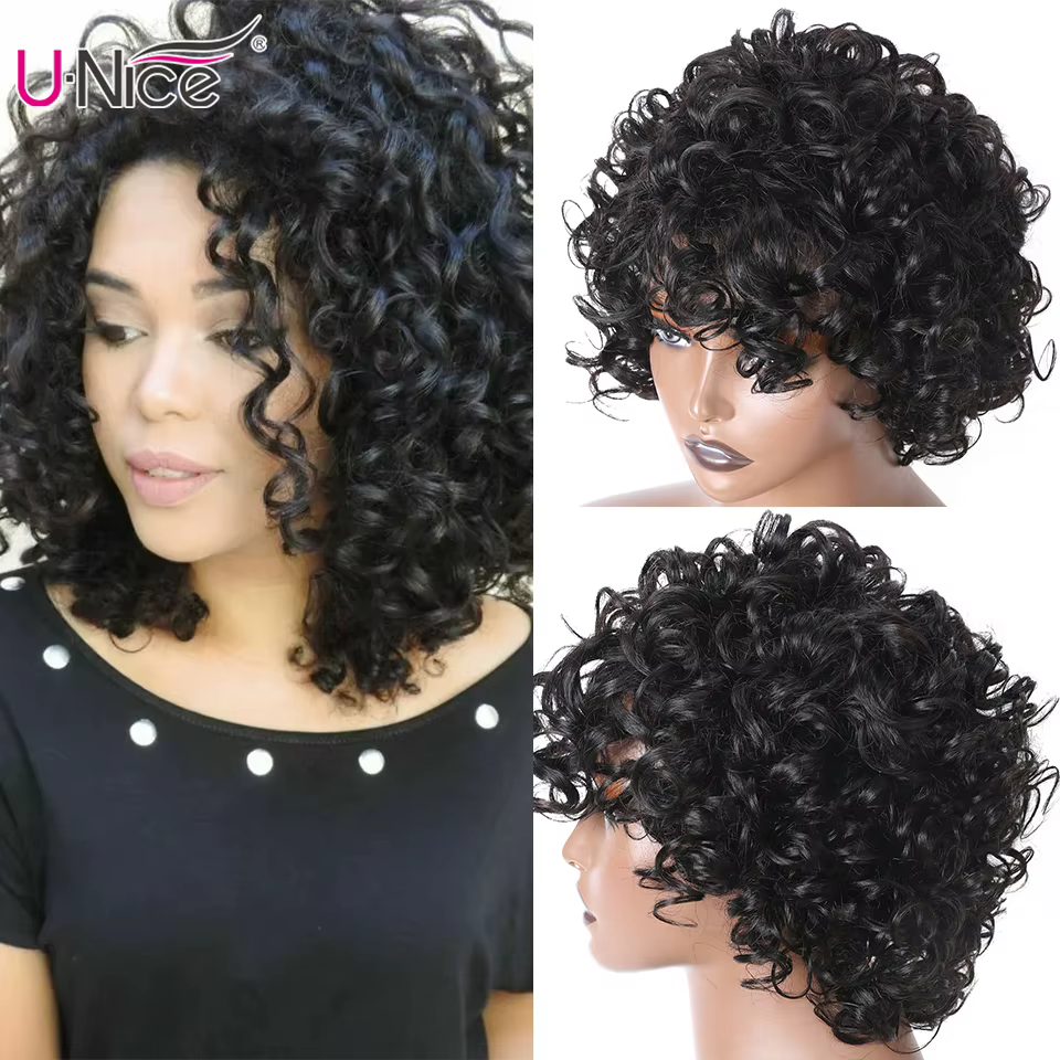 Unice Hair-Perruque brésilienne bouclée sans colle pour femme, cheveux naturels noirs, coupe pixie
