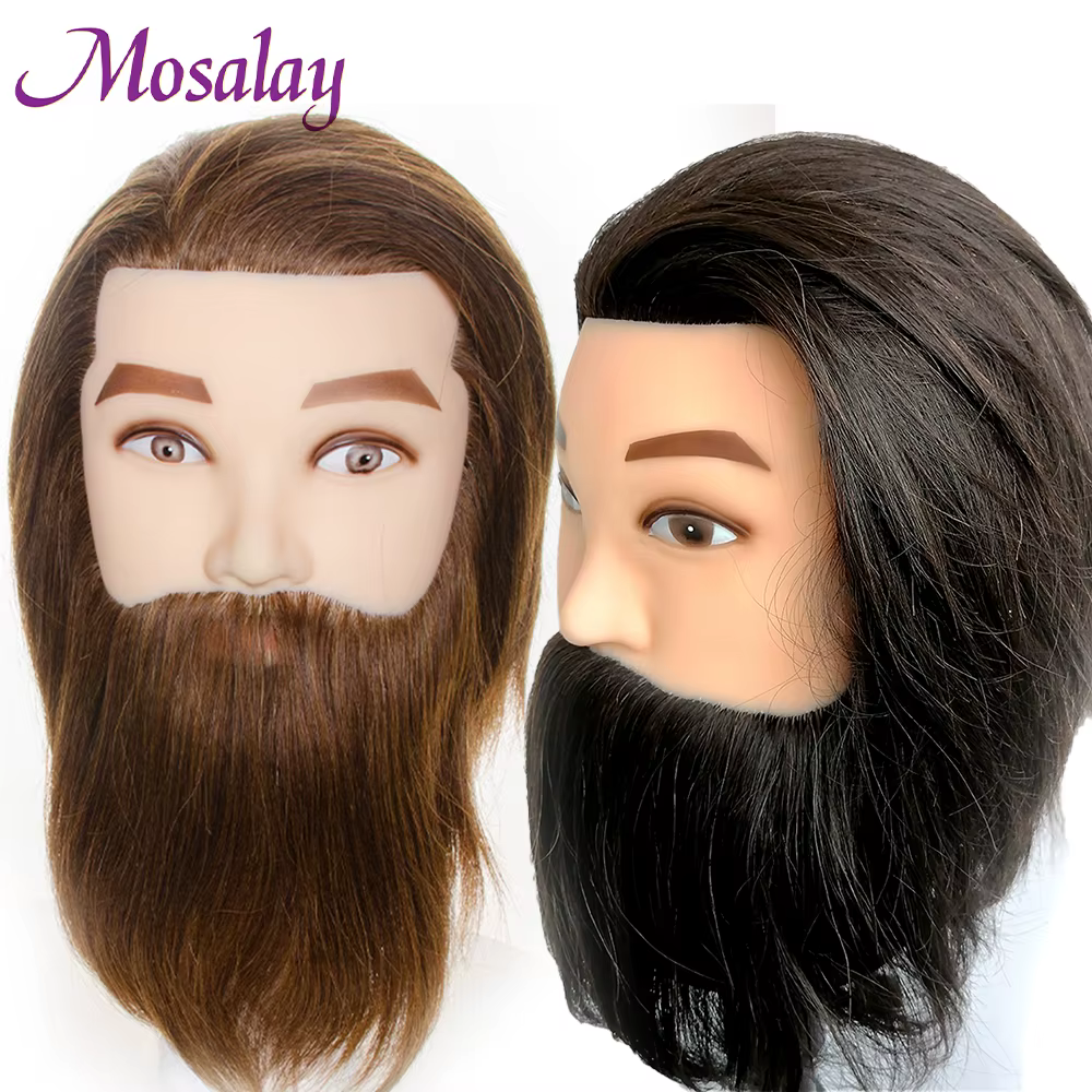 100% mâle réel cheveux humains Mannequin pratique formation tête avec barbe pour couper coiffure