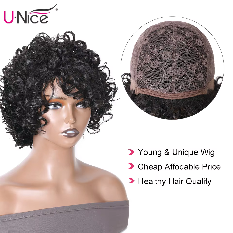 Unice Hair-Perruque brésilienne bouclée sans colle pour femme, cheveux naturels noirs, coupe pixie