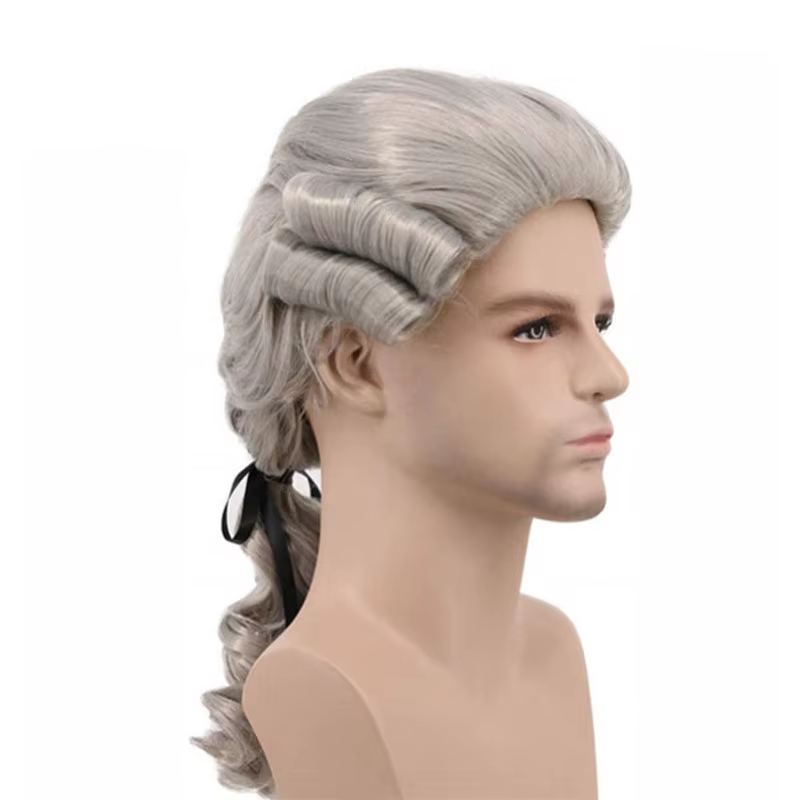 Gris blanc noir avocat juge baroque bouclés mâle Costume perruques de luxe historique Halloween longue synthétique