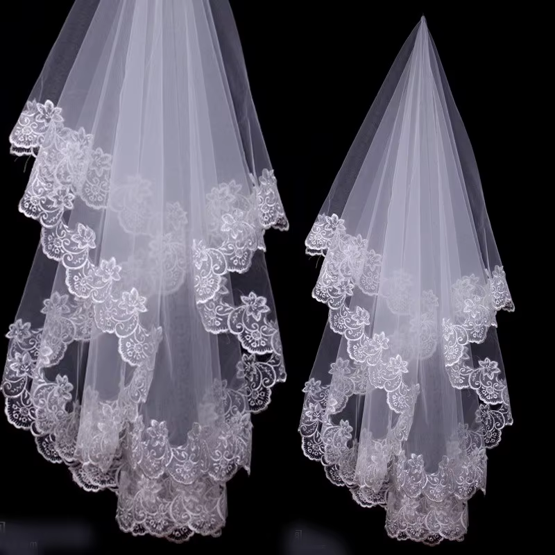 Voiles de mariage brodés en dentelle blanche ivoire