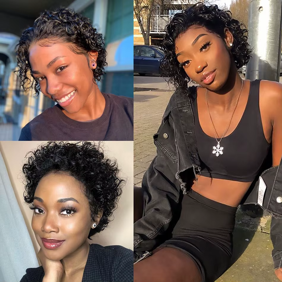 Perruque courte bouclée coupe pixie couleur miel avec mèches bordeaux 99J