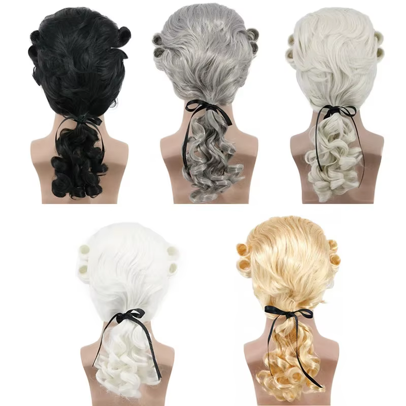 Gris blanc noir avocat juge baroque bouclés hommes perruques de luxe historique longue synthétique Cosplay perruque