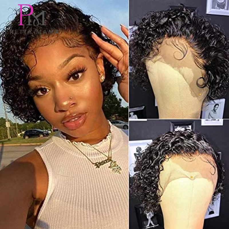 Perruque Bob Brésilienne Naturelle Remy, Cheveux Courts Bouclés, Coupe Pixie, Pre-Plucked, Water Wave, Bon Marché, pour Femme