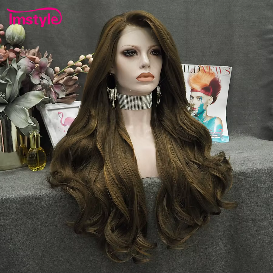 Imstyle-Perruque Synthétique Lace Front Wig pour Femme, Cheveux Longs Naturels Ondulés, Fibre de Degré de Chaleur, localité, Brun Mixte, 03/Wigs