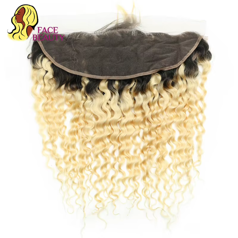 Facebeauty 1B 613 Remy Brazilian Curly Frontal Honey Blonde Ombre Cheveux Humains 13*4 Pré-Plucké de l'oreille