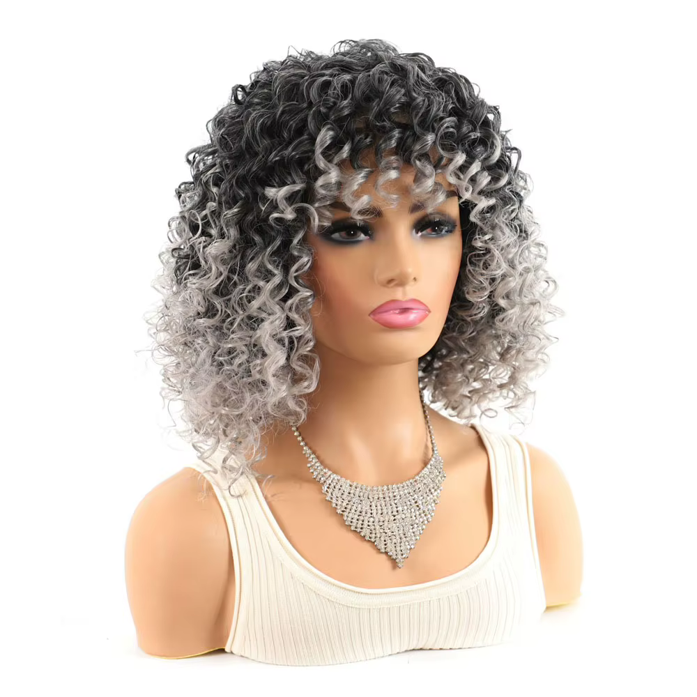 Jeedou perruque de cheveux courts bouclés avec frange perruques pour femmes noir gris mélange couleur coiffure moelleuse