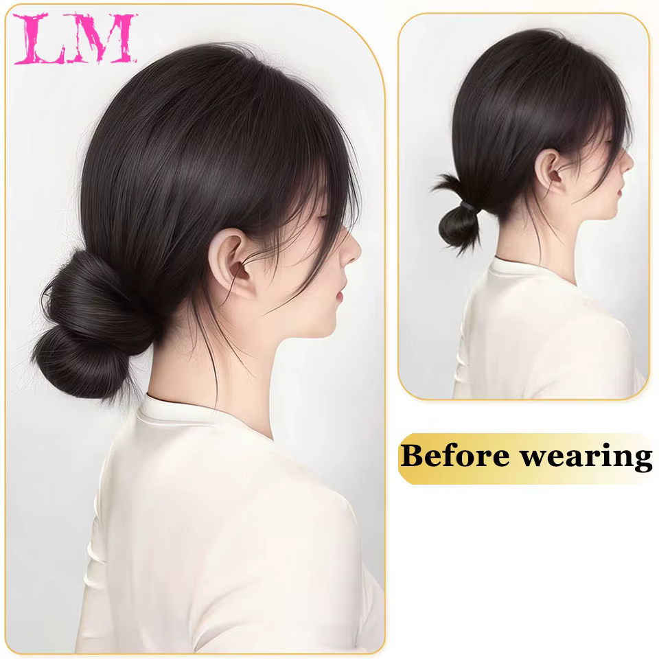 Extensions de cheveux synthétiques longues et lisses à enroulement automatique avec anneau en caoutchouc