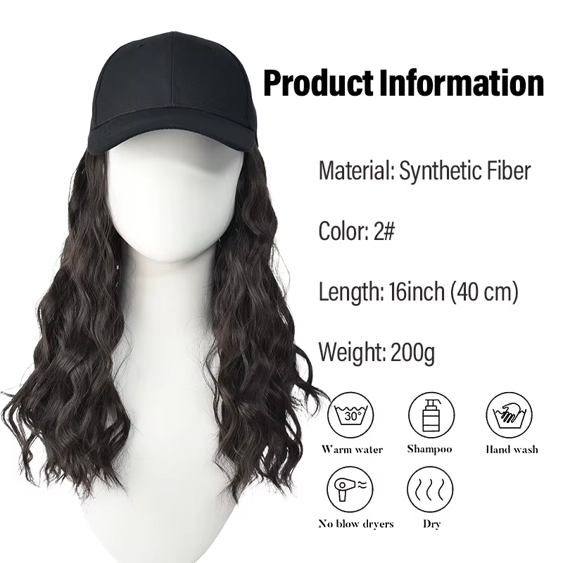 Casquette de baseball noire avec perruque en cheveux synthétiques ondulés