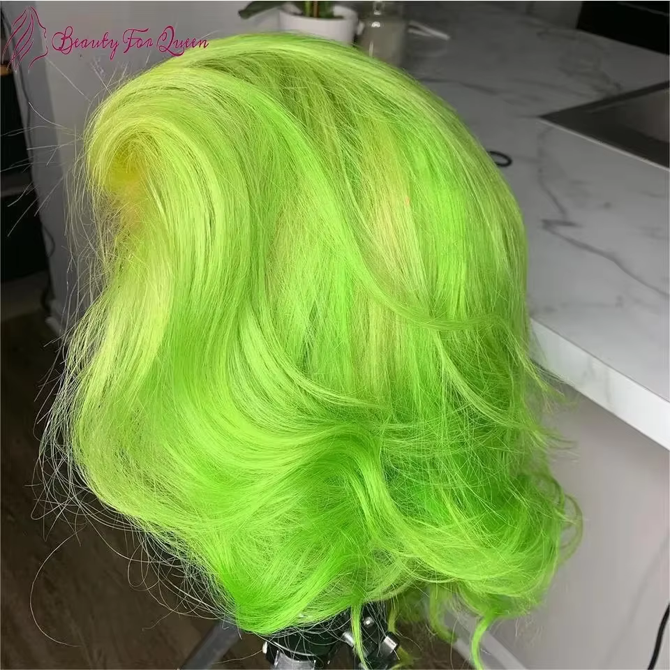 Perruque Courte Bob Vert Fluorescent en Cheveux Humains
