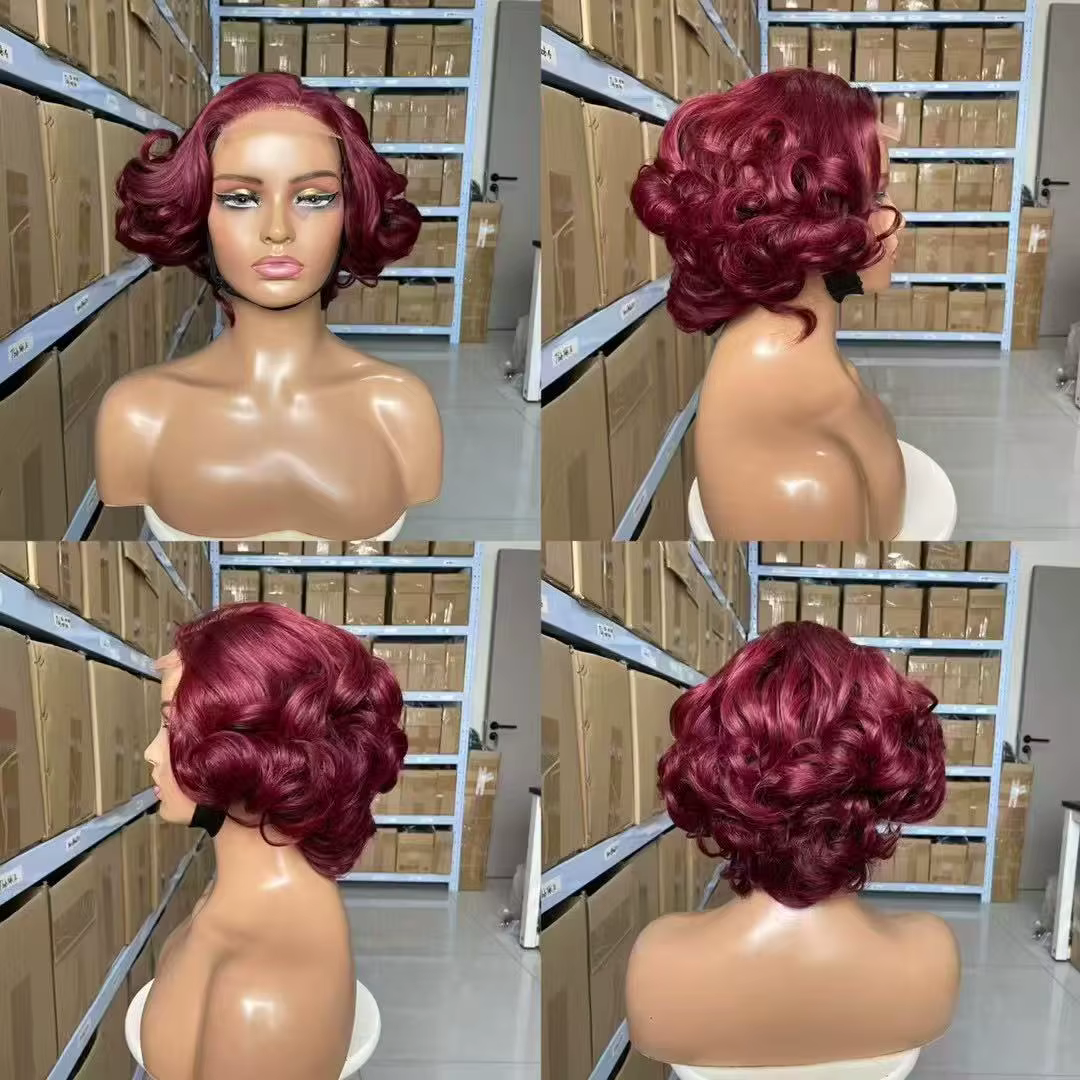 Perruque Lace Frontal Wig sans colle bouclée et rebondissante T1B/99J bordeaux