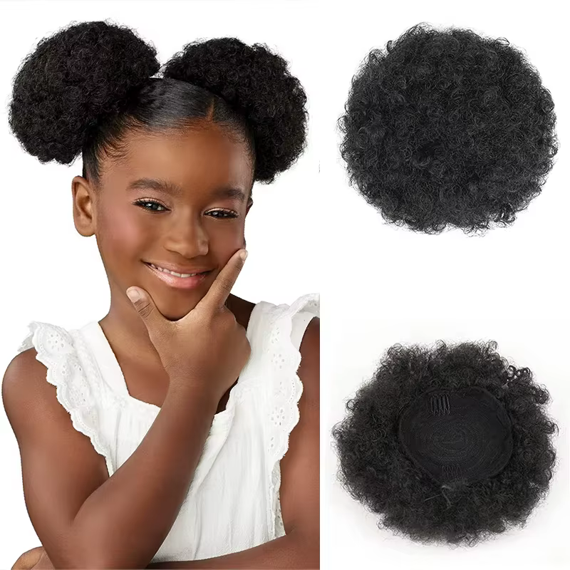 Chignon Afro court en cheveux humains, postiche pour femmes et enfants, perruque queue de cheval à cordon, extensions bouclées crépues à clipser