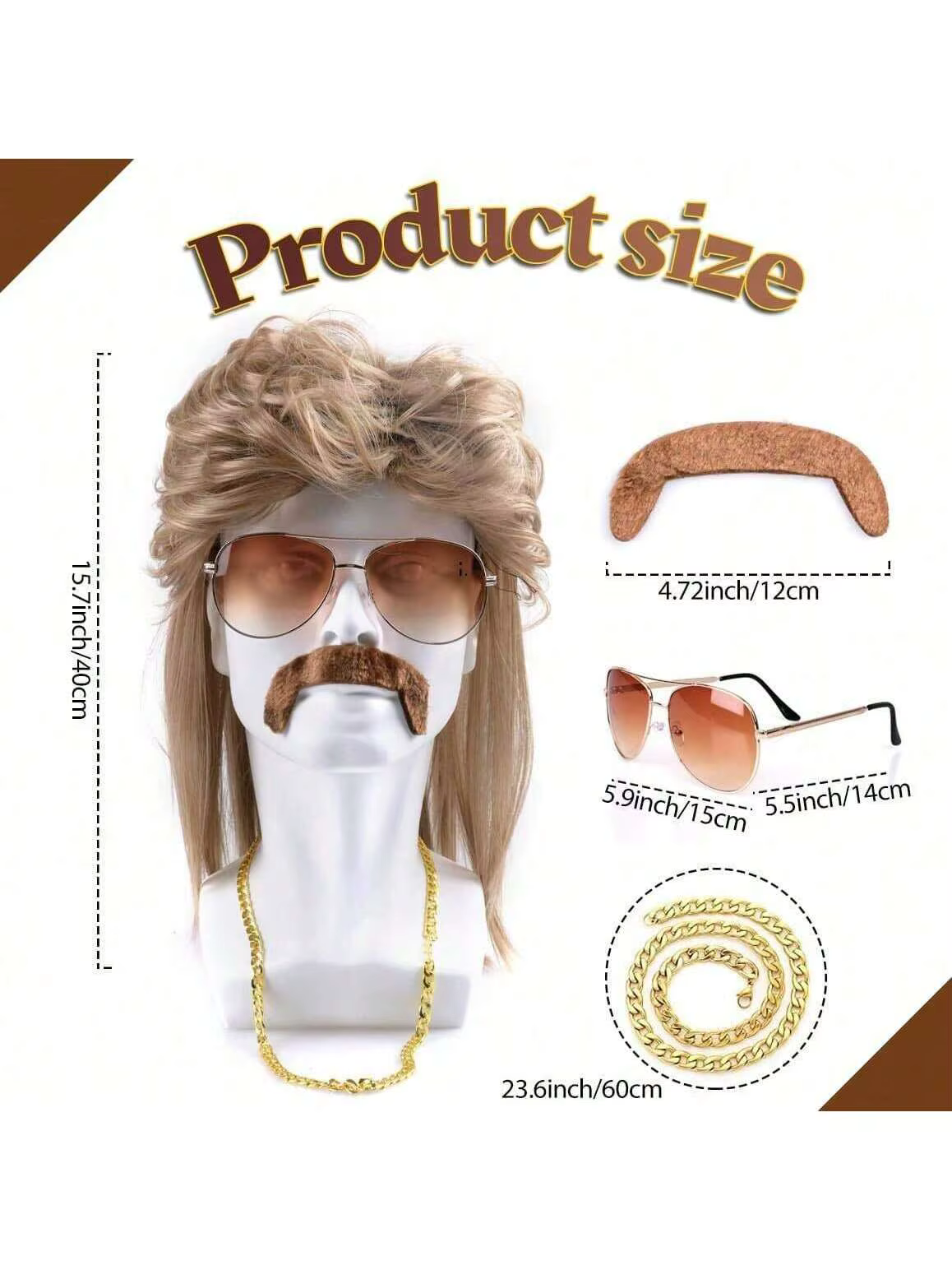 Perruque mulet des années 80 et 90, accessoires de tenue pour hommes, perruques synthétiques blondes résistantes à la chaleur pour hommes, perruque lunettes de soleil, collier foulard