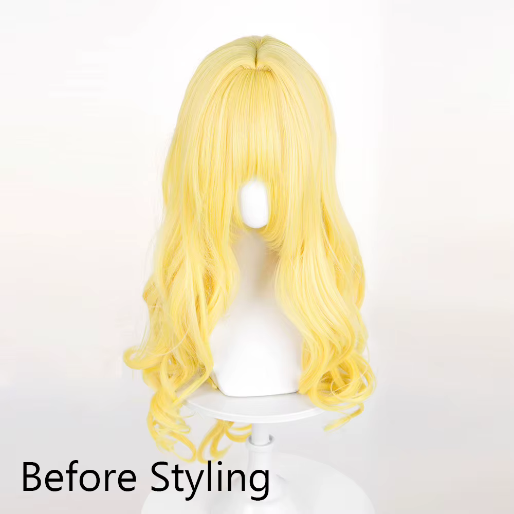 Perruques synthétiques de Cosplay de jeu d'anime jaune avec frange