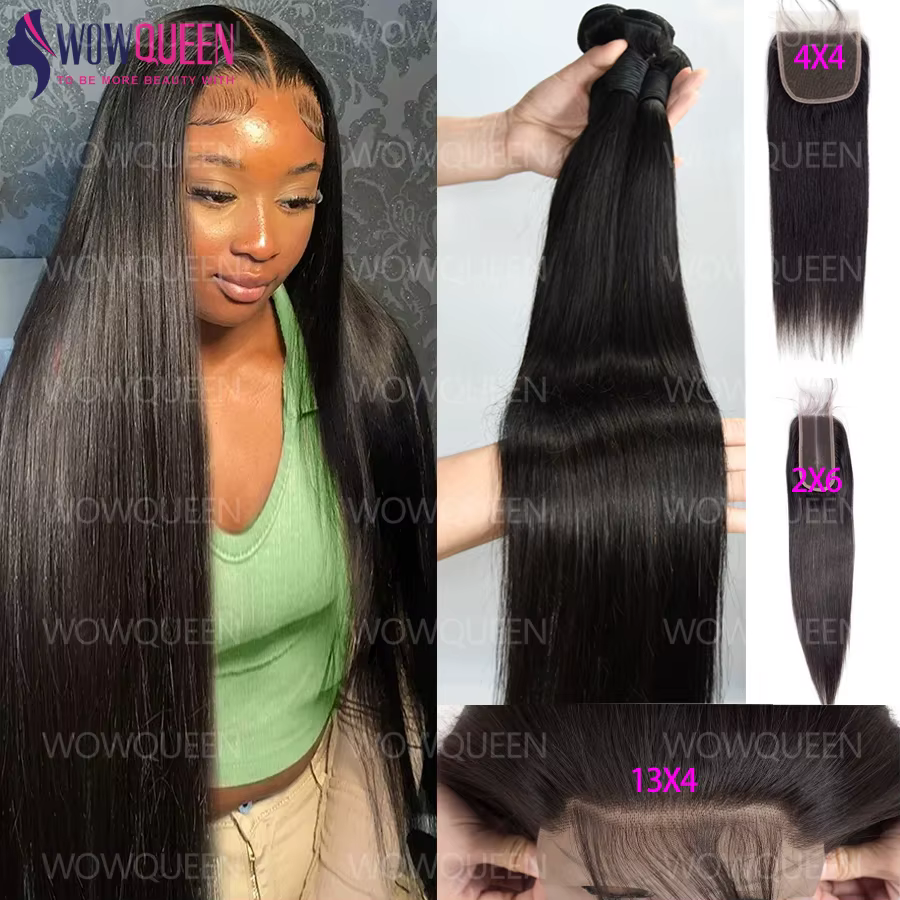 Paquets droits de cheveux humains avec fermeture 2x6 4x4 Extensions