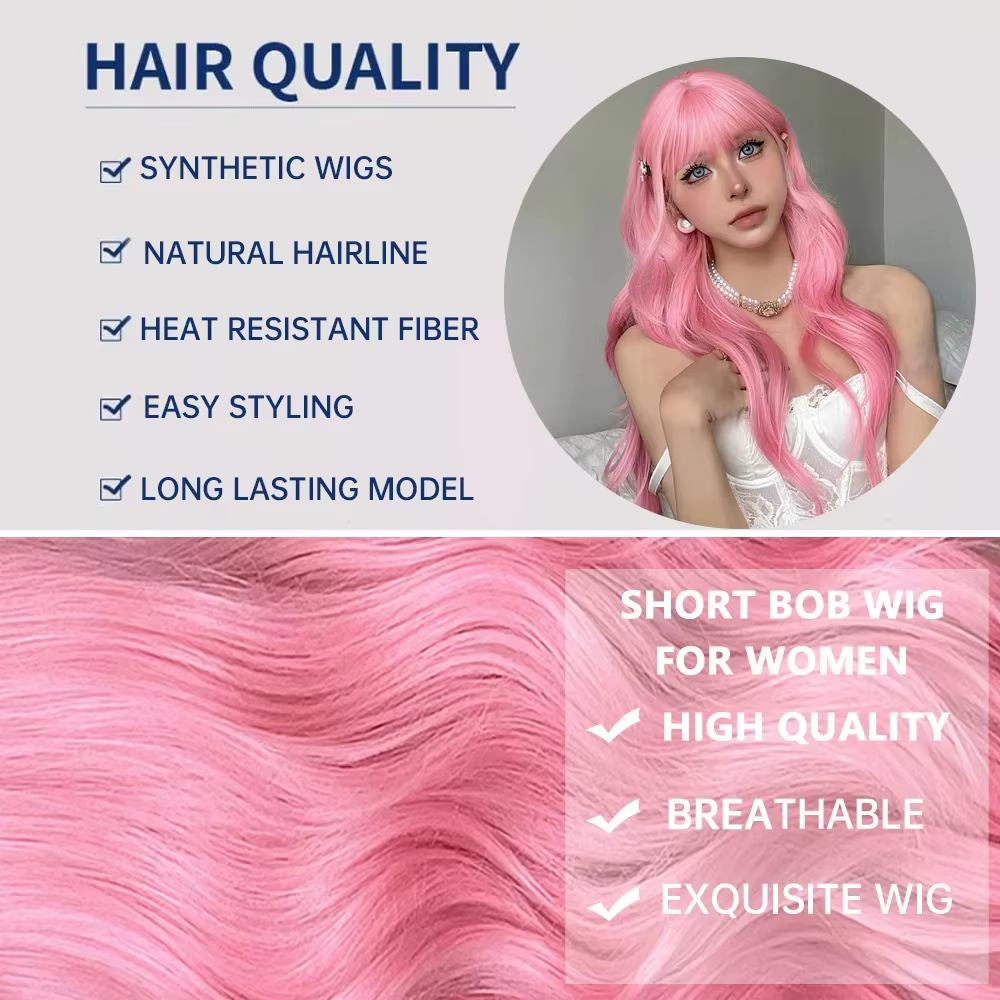 Perruque synthétique rose avec grandes vagues pour fête d'Halloween