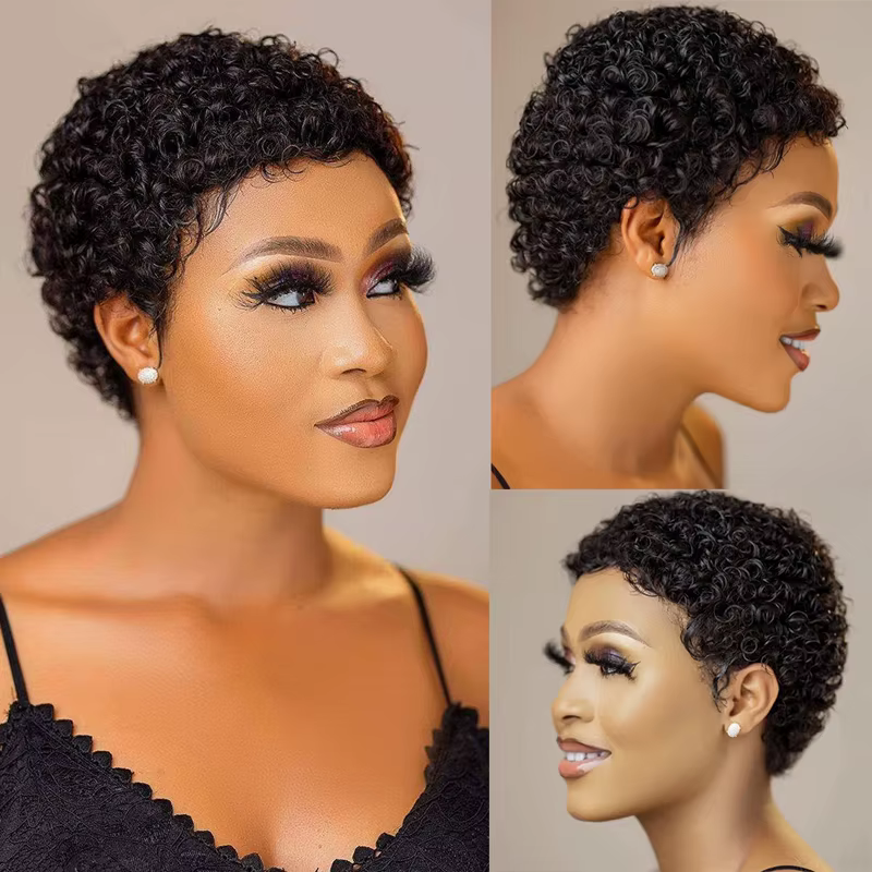 Perruques courtes crépues bouclées cheveux humains coupe lutin