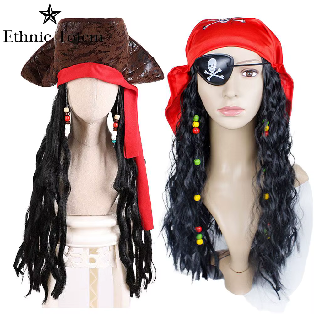 Perruque de chapeau marron de capitaine Pirate pour adulte
