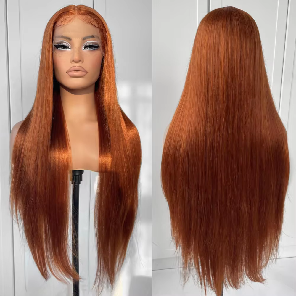 Perruque Lace Front Wig synthétique lisse et longue, couleur Orange gingembre, 13x4, cheveux rouge cuivre, sans colle, pre-plucked
