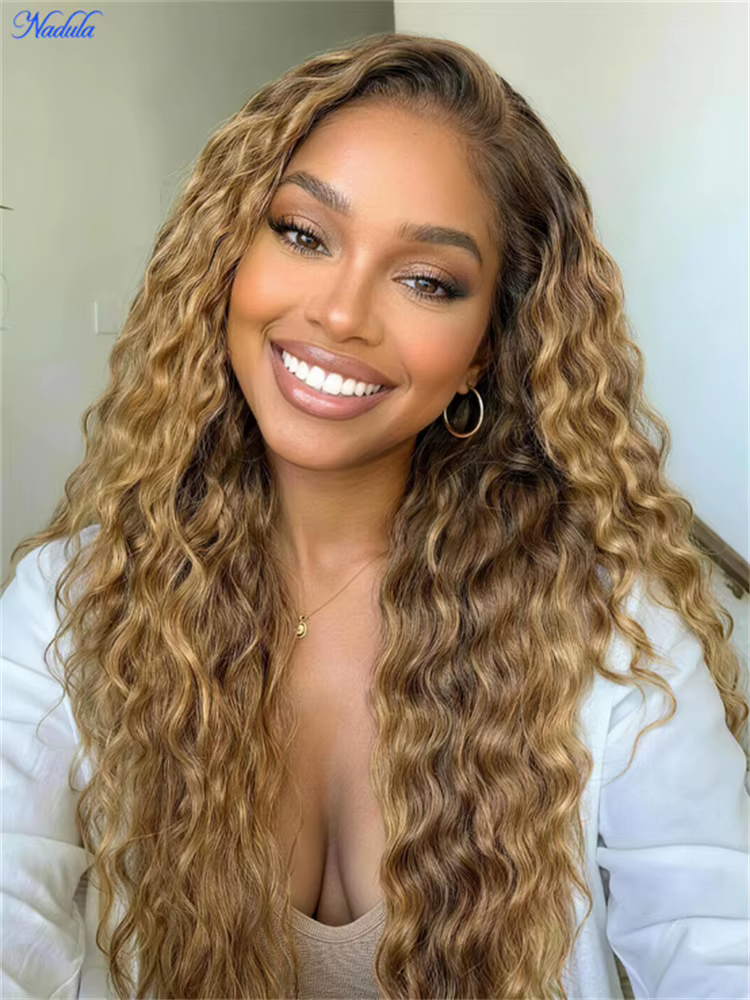 Nadula 13x4 Pré-Assemblé ™ Perruque Lace Frontale Cheveux Humains Blondes avec Mèches Ondulées Effet Vague Pré-coupée