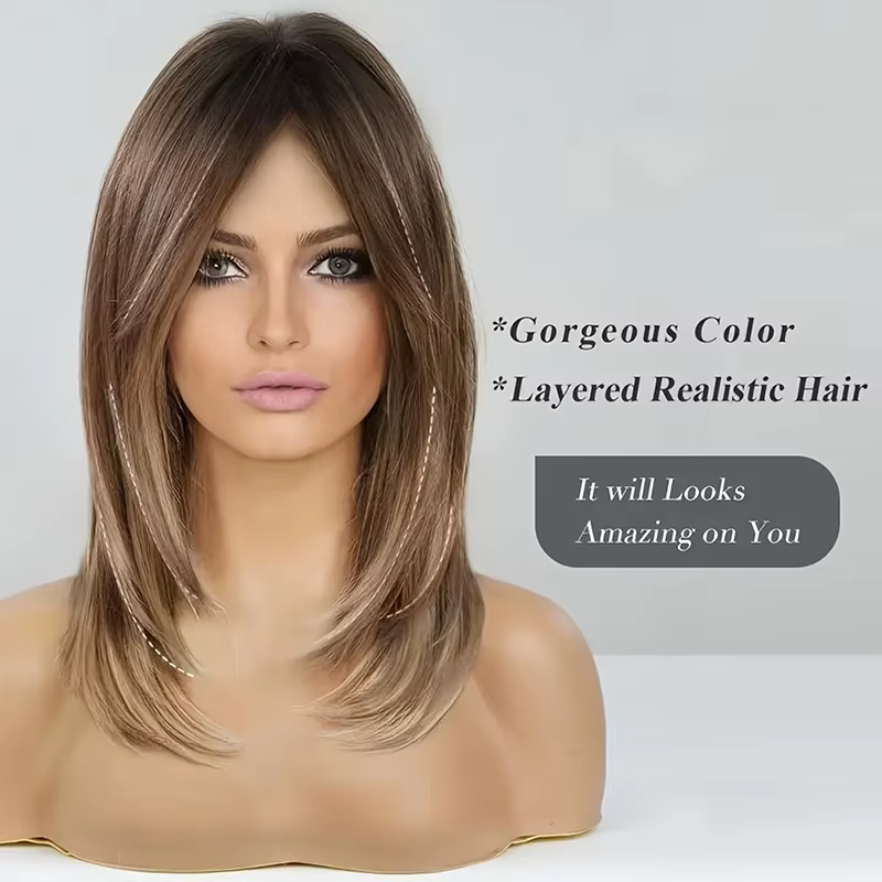 Perruque longue et lisse marron pour femme
