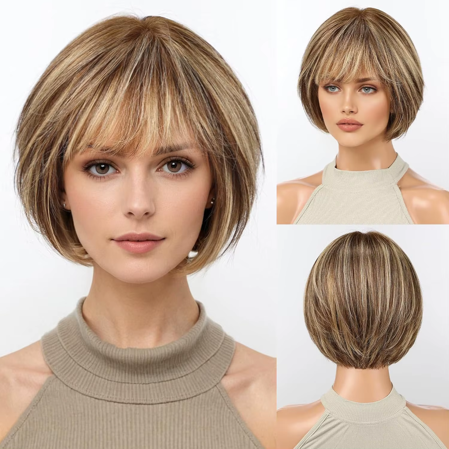 Perruque en cheveux humains bruns mélangés blonds pour femmes avec frange, perruque bob de 10 pouces, cheveux humains bruns lisses naturels et doux, pour les fêtes et le quotidien
