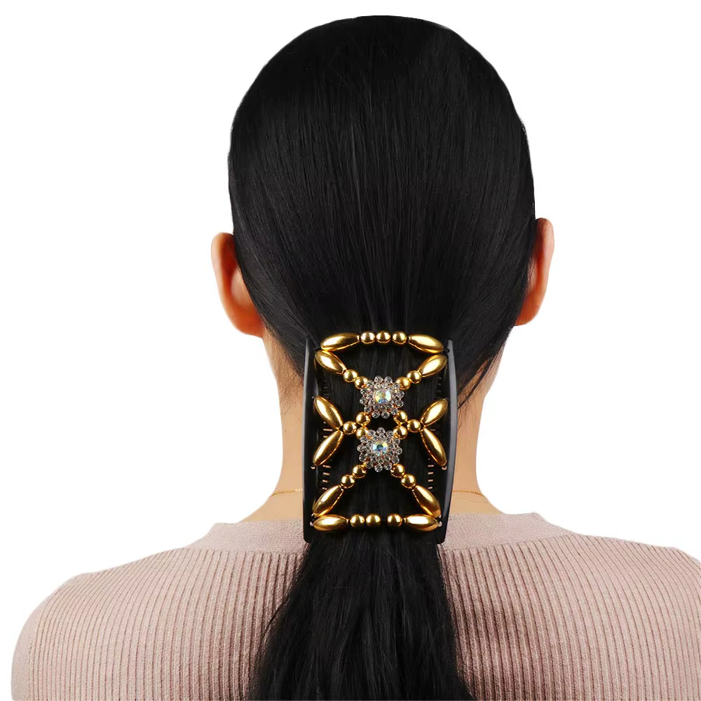 Pince à cheveux double fleur en cristal perlé pour femme