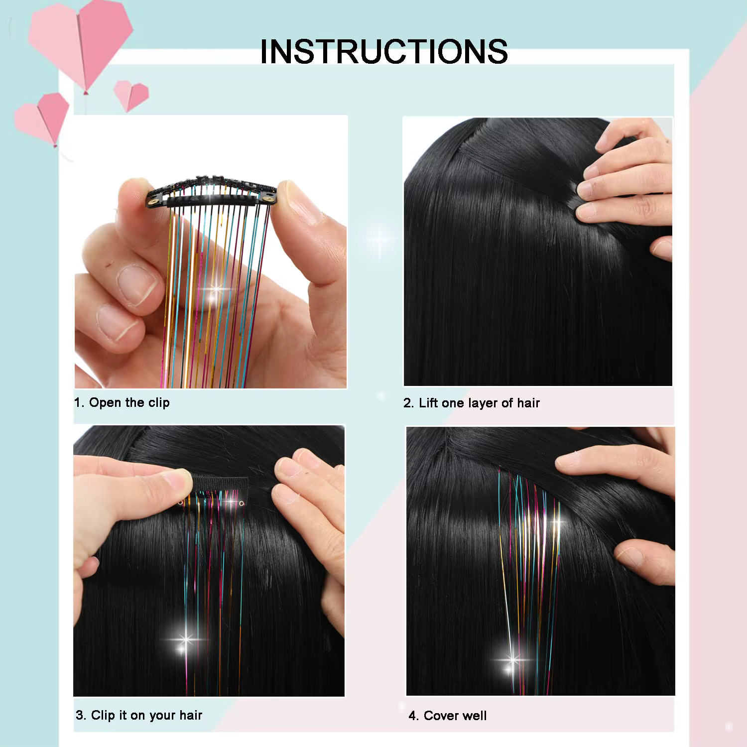 6 pièces pince à cheveux en 23.6 pouces paillettes synthétique
