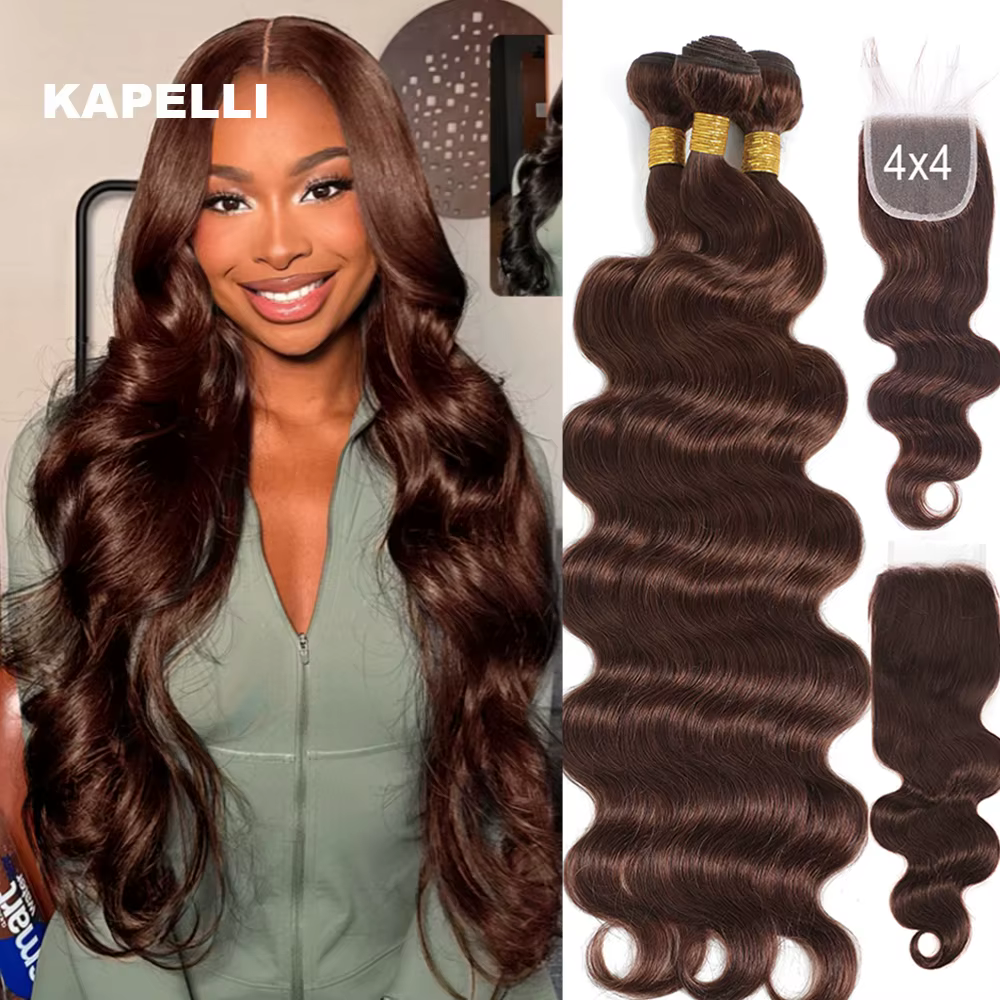 Extensions de Cheveux Humains Ondulés Bruns avec Closure 4x4/13x4
