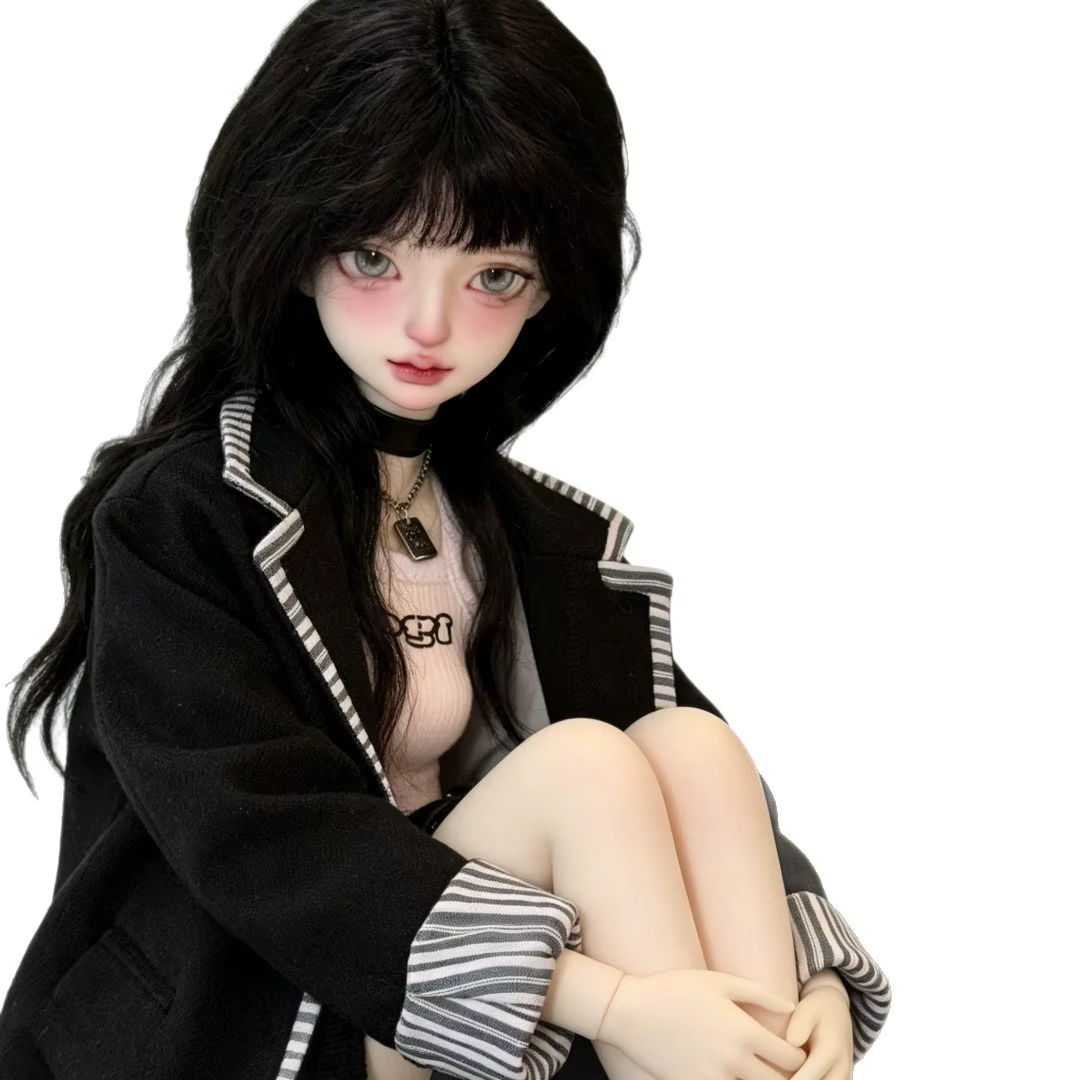 Perruque BJD longue ondulée noire et jaune avec raie au milieu