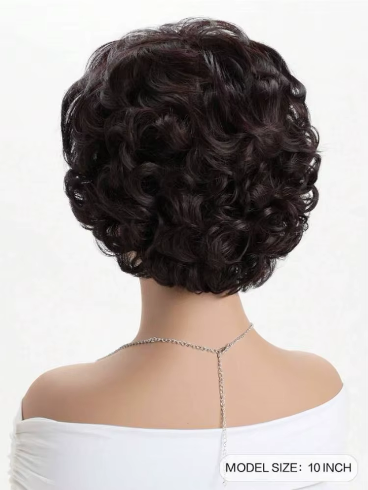 Perruque ondulée courte bouclée marron foncé avec frange de cheveux 100% perruques