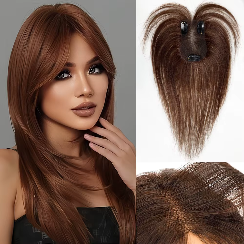 Topper de cheveux humains couleur marron avec frange rideau