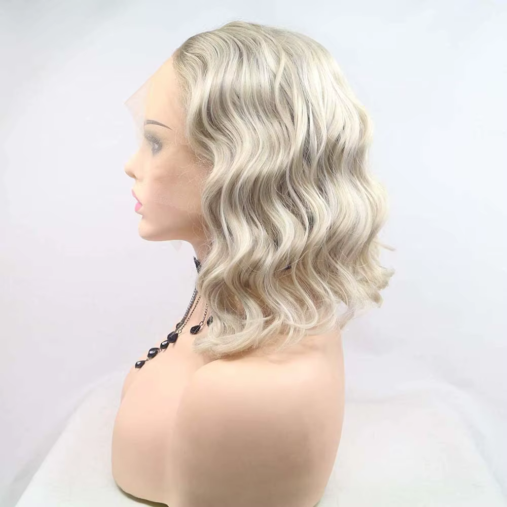 Perruque courte bouclée synthétique blonde avec dentelle frontale