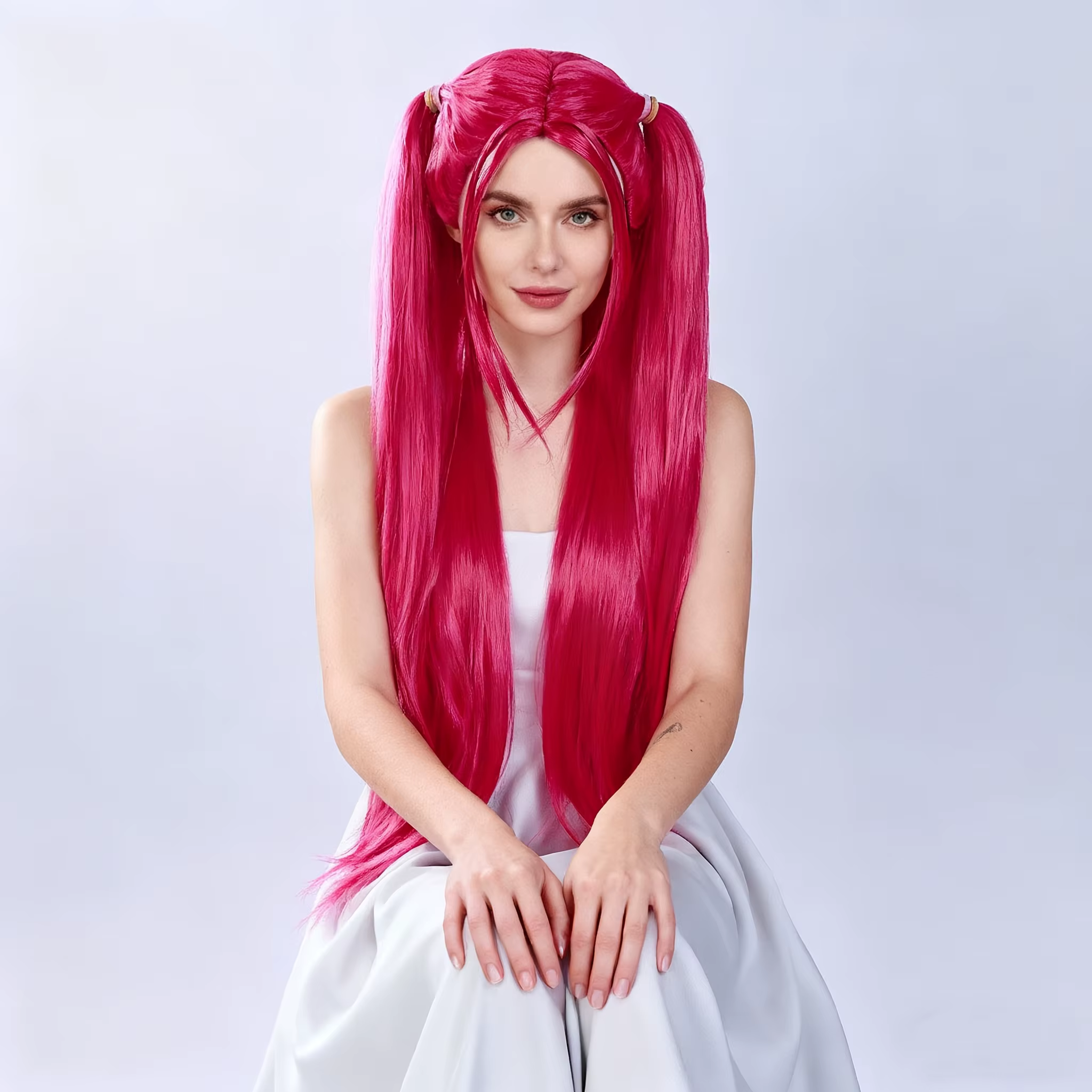 Perruque Anime longue rose avec motif double queue – Fibre synthétique résistante à la chaleur