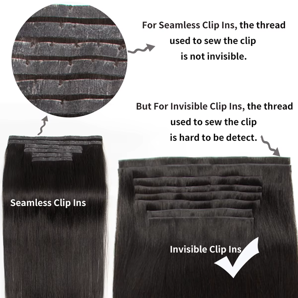 Extensions de cheveux humains invisibles à clipser en PU