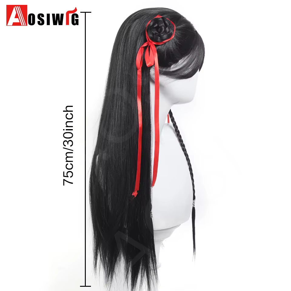 Anime films chinois Cosplay perruque noir cheveux longs raides avec tresse ruban rouge Double chignon styleet