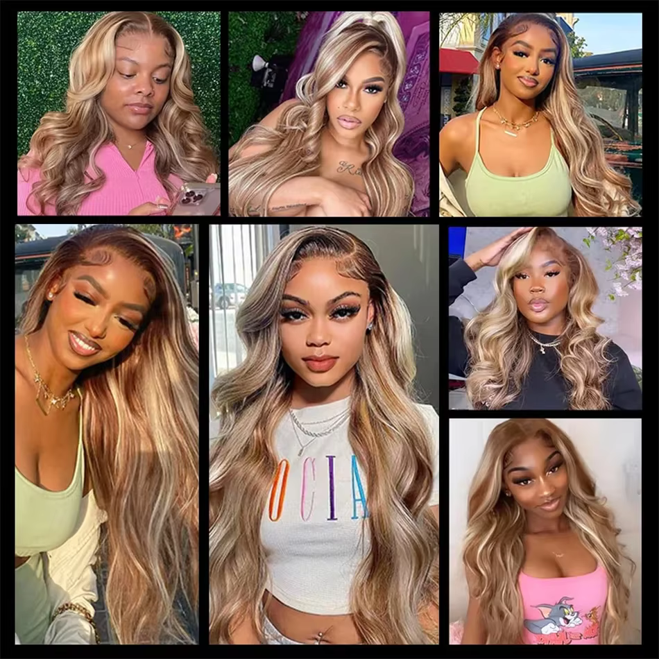 Perruque de cheveux humains Body Wave colorée à reflets blond brun 4/613