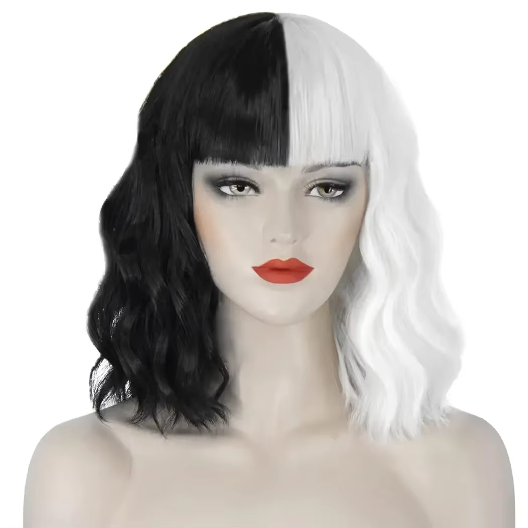 Cruella Deville-Perruque Courte Ondulée Noire et Blanche pour Femme
