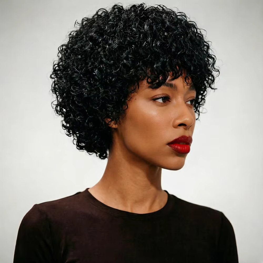 Perruque en cheveux humains noirs bouclés crépus avec frange, densité 180%, fabriquée à la machine, bonnet respirant, aspect naturel pour femmes, usage quotidien décontracté