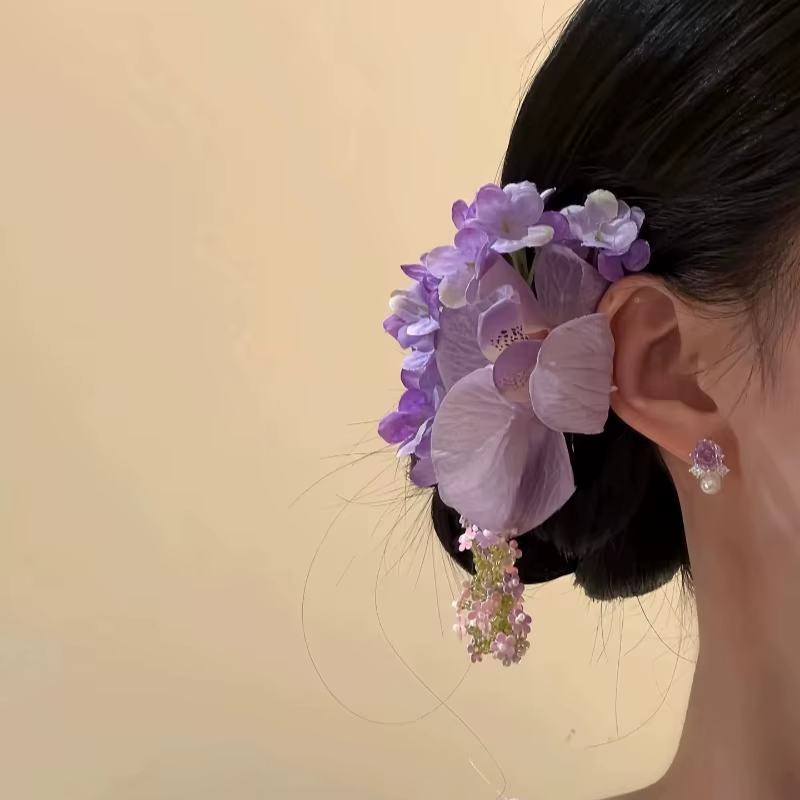 Pince à cheveux coréenne à fleurs violettes éthérées – Accessoire photo printemps-été