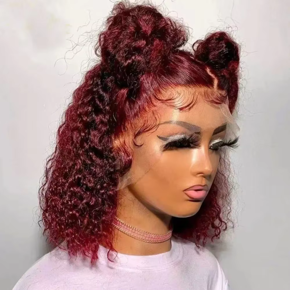Perruque Lace Frontale 13x4 Courte Bob Bouclée Kinky Pré-Pluckée 99J Deep Wave Cheveux Humains Bourgogne Perruques