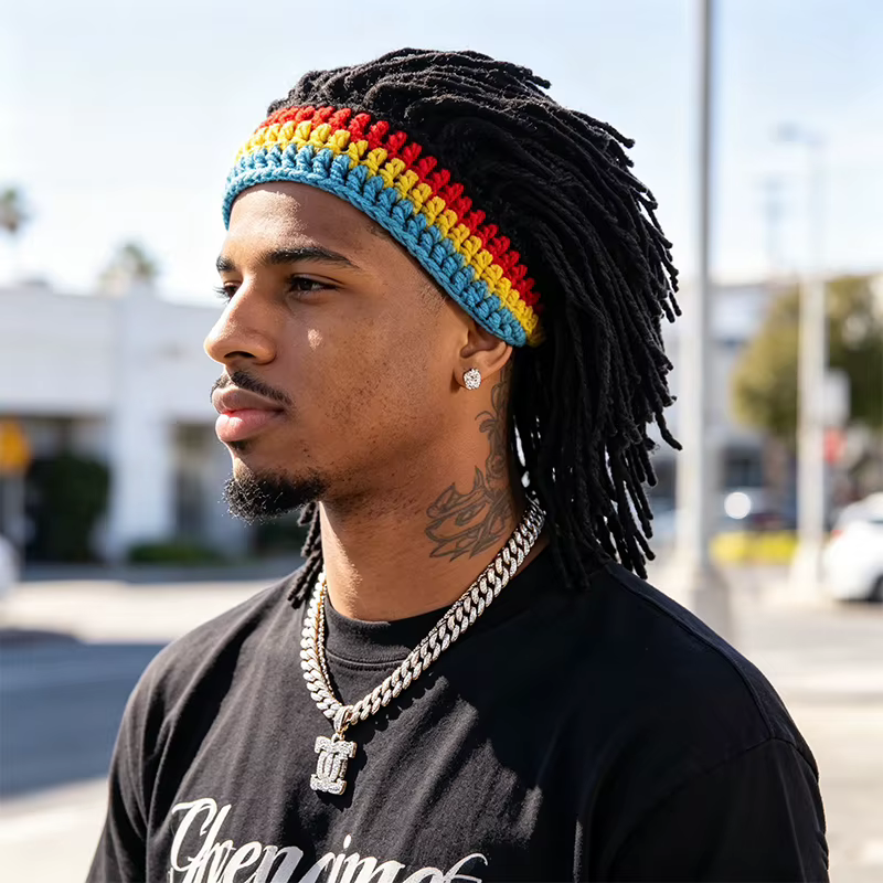 Chapeau perruque dreadlocks en crochet amusant avec bandeau arc-en-ciel